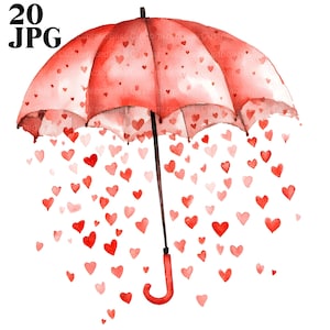 Pacote de clipart de guarda-chuva vermelho apaixonado, 20 JPG aquarela de alta qualidade, dia dos namorados, diário, álbum de recortes, coração, download digital
