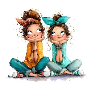 以下が含まれることがあります： 茶色の髪の毛の2人の女の子のイラスト。それぞれヘアバンドをして上を見上げています。一人は白い水玉模様の黄色いシャツ、もう一人はターコイズのシャツを着ています。どちらもターコイズのズボンと赤い靴を履いています。