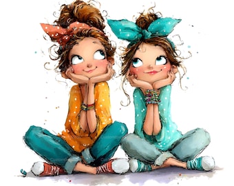 May include: Illustration of two girls with brown hair, each wearing a headband and looking upwards. One wears a yellow shirt with white polka dots, the other a teal shirt. Both are in teal pants and red shoes.
