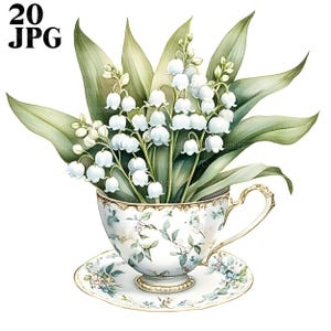 20 Clipart de muguet dans une tasse de thé, clipart de muguet, impression de muguet, tasse à thé florale, tasse à thé vintage, journal indésirable, clipart, JPG