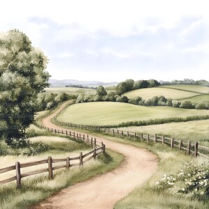 May include: A winding dirt road leads through a green rolling countryside with a wooden fence along the side. The road is surrounded by lush green fields and trees.