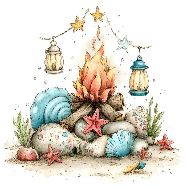 May include: Watercolour illustration of a beach bonfire scene. A campfire with orange flames sits atop a pile of rocks, seashells, and starfish. Two lanterns hang from a string of starfish. The scene is set on sand.