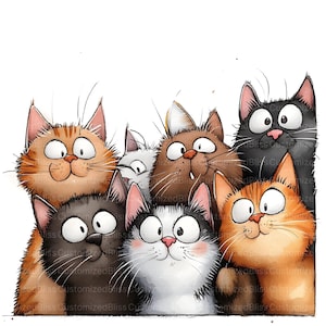 May include: A watercolour illustration featuring seven cartoon cats with large eyes and diverse fur colours, such as orange, black, brown, and white. The cats are grouped together, forming a playful and whimsical design.