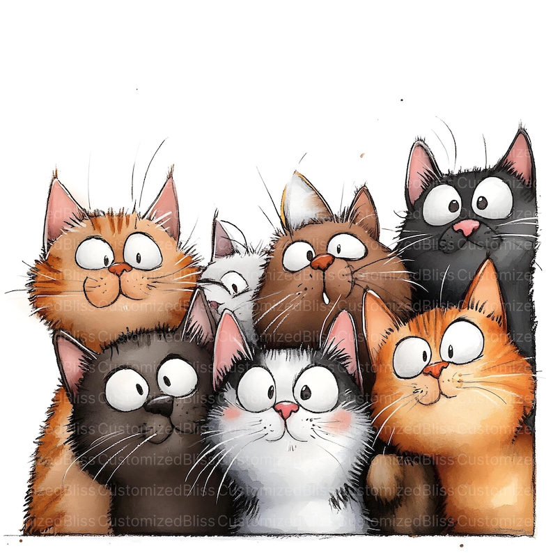 May include: A watercolour illustration featuring seven cartoon cats with large eyes and diverse fur colours, such as orange, black, brown, and white. The cats are grouped together, forming a playful and whimsical design.