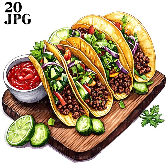 20 Taco Clipart, Mexican Food Clipart, Mexican Taco, Mexican Clipart, High Quality JPGs, Watercolor Clipart, Junk Journal, Digital Download