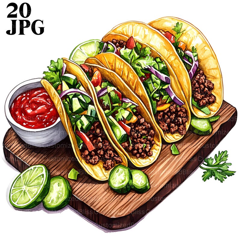 May include: Four yellow corn tortillas filled with ground beef, lettuce, tomato, onion, and avocado, served on a wooden board with a side of salsa and lime wedges.