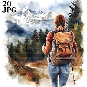 20 Woman Hiking Clipart, Mountain Hiking, Watercolor Hiking, High Quality JPG, Watercolor Clipart, Junk Journal Digital Download Paper Craft