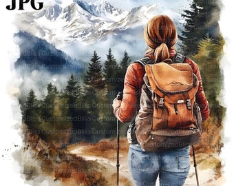 20 Woman Hiking Clipart, Mountain Hiking, Watercolor Hiking, High Quality JPG, Watercolor Clipart, Junk Journal Digital Download Paper Craft