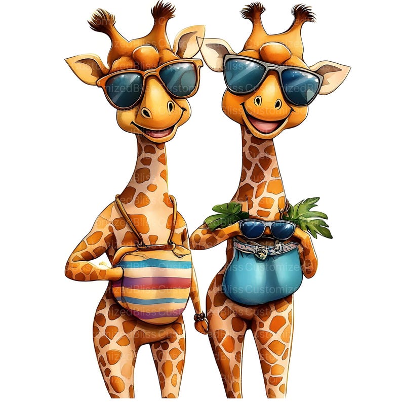 16 Summer Giraffes Clipart, Cute Beach Giraffe Couple in Vacation ...
