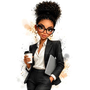 May include: Illustration of a woman in a black business suit, holding a coffee cup and a laptop. She wears glasses and gold hoop earrings. Her hair is styled in a high bun. The background has gold and gray watercolor splashes.