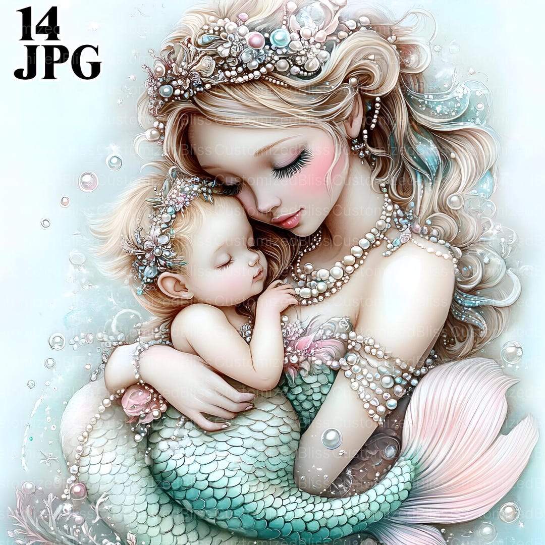 14 Mermaid Mother and Baby Clipart, Enchanting Fantasy Digital Art ...