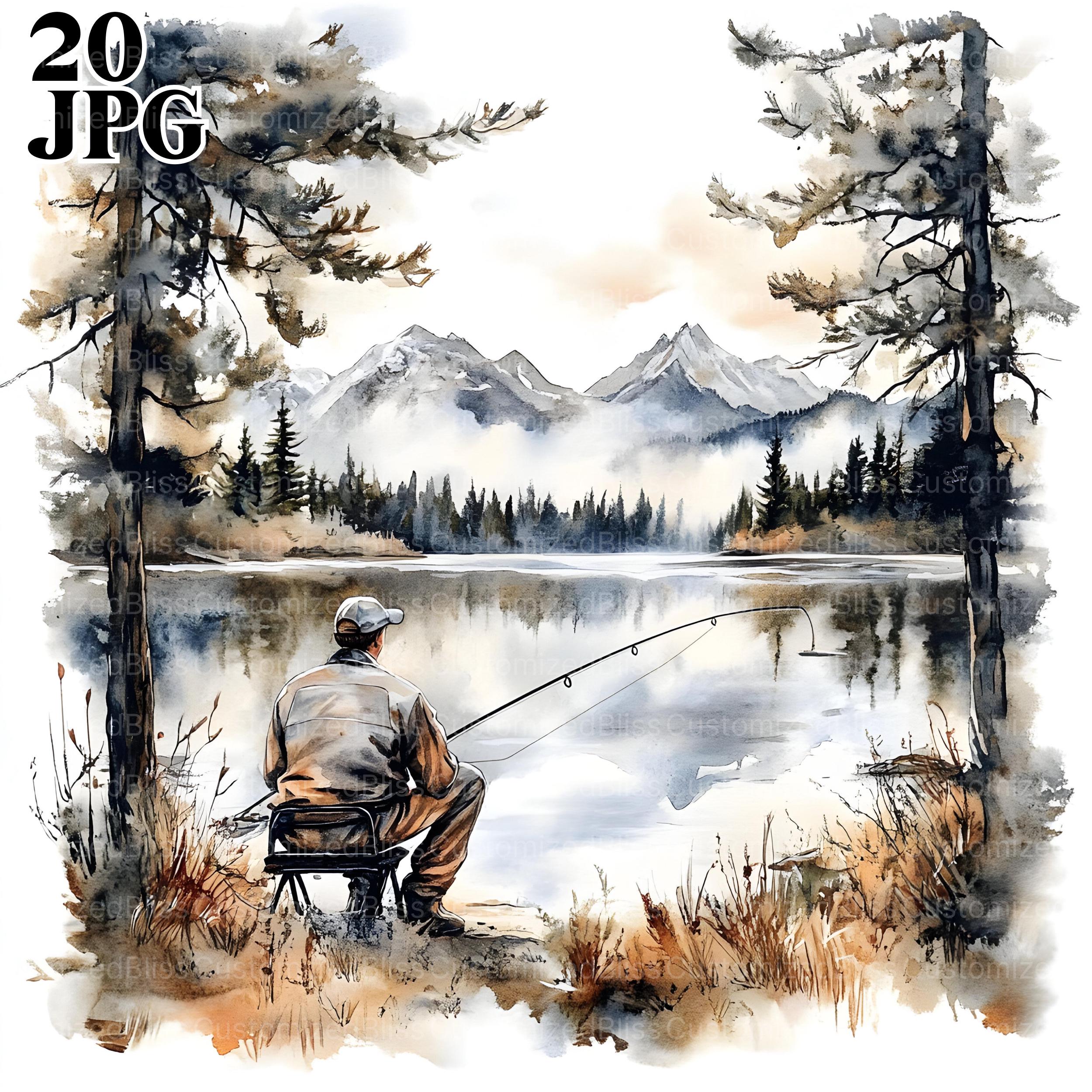 20 Man Fishing Clipart, Fishing Landscape Clipart, High Quality JPGs, Watercolor Clipart, Junk Journal, Digital Download, Paper Craft