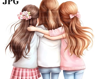 20 Three Girls Hugging Clipart, Friendship Clipart, High Quality JPG, Watercolor Clipart, Junk Journal, Digital Download, Paper Craft