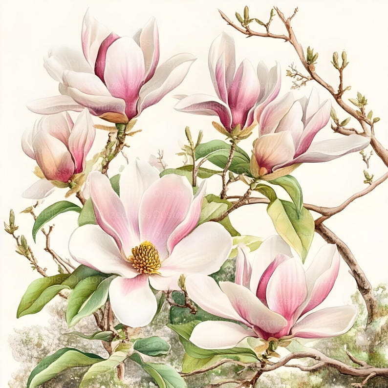 May include: A watercolor painting of a bouquet of pink magnolia flowers with green leaves and branches. The flowers are in full bloom and have a delicate, feminine appearance.