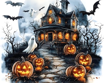 18枚の不気味なハロウィーンの夜のクリップアート、お化け屋敷、満月
