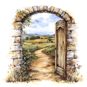 May include: A stone archway with a wooden door that is open, revealing a dirt path leading through a field of wildflowers. The path leads to a distant hillside with trees and houses.