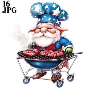 16 Clipart gnome chef barbecue, nain patriotique avec grill des cliparts, clipart chef, JPG de haute qualité, Junk Journal, téléchargement numérique, créations en papier