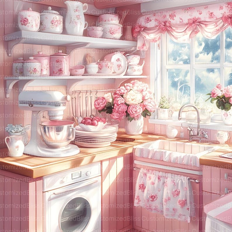 14 Shabby Chic Retro Pink Kitchen Clipart, Countryside Kitchen, Retro ...