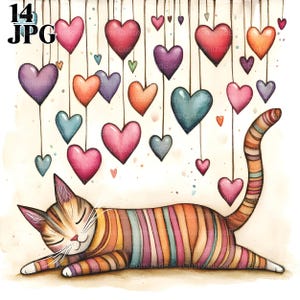 Imágenes prediseñadas de gatos enamorados, 14 archivos JPG de acuarela de alta resolución para diarios basura, caprichosos, creación de tarjetas, descarga digital Imágenes prediseñadas de gatos que se estiran