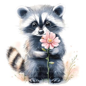 Puede incluir: Una pintura de acuarela de un lindo mapache sosteniendo una flor rosa. El mapache est&aacute; sentado en un campo de hierba y flores.