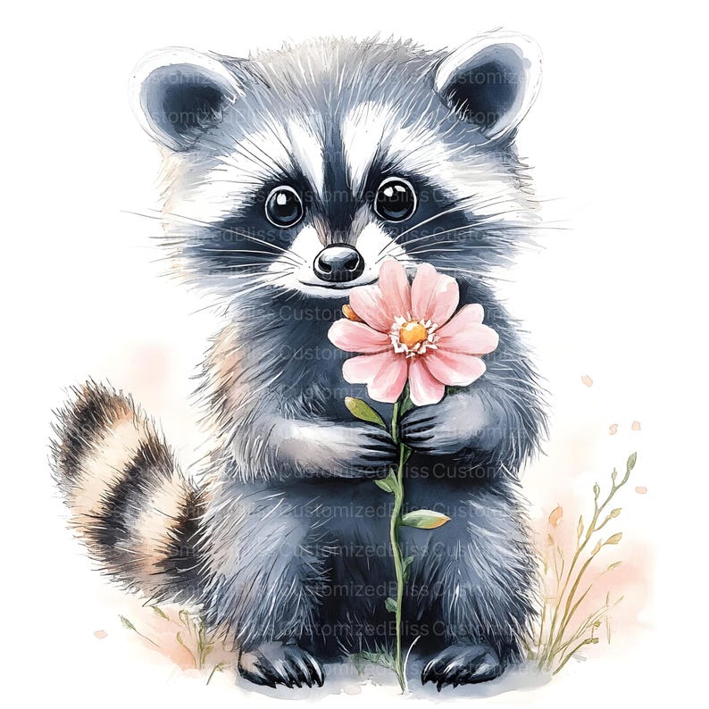 Puede incluir: Una pintura de acuarela de un lindo mapache sosteniendo una flor rosa. El mapache est&aacute; sentado en un campo de hierba y flores.