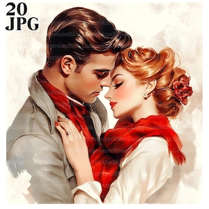 Retro romantisch koppel clipartbundel, 20 hoogwaardige aquarel jpg's, Valentijnsdag, journaling, plakboek, liefde clipart digitale download