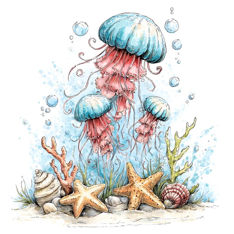 May include: A watercolour illustration featuring jellyfish, starfish, and coral. The jellyfish have blue caps and pink tentacles. Starfish and seashells rest on a sandy ocean floor, with bubbles in the blue water.