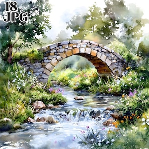 May include: A stone bridge arches over a babbling brook, surrounded by lush greenery and wildflowers. The water flows over rocks and creates a small waterfall. The scene is painted in watercolor, with soft colors and a dreamy atmosphere.