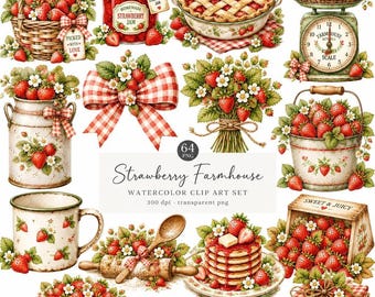 Vintage jordgubb bondgård clipart paket, akvarell bär clipart, fruktillustration, bärgrafik, gård färsk syltburk clipart