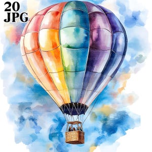 20 Hot Air Balloon Clipart, Watercolor Balloon, High Quality JPGs, Watercolor Clipart, Junk Journal, Digital Download, Paper Craft, Clip Art