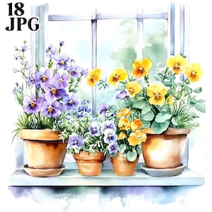 18 lentebloemen Windows clipart, bloempotten clipart, aquarel clipart, hoge kwaliteit jpg's, digitale download, junk Journal, commercieel gebruik