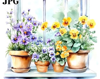 18 Spring Flowers Windows Clipart, Flowerpots Clipart, Watercolor Clipart, High Quality JPGs, Digital Download, Junk Journal, Commercial Use