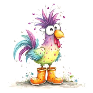 Puede incluir: Ilustración acuarela caprichosa de un gallo colorido con botas de lluvia naranjas. El gallo tiene una cresta morada, un pico amarillo y una barbilla roja. Su cuerpo es una mezcla de amarillo, verde y rosa, con una cola azul y morada.