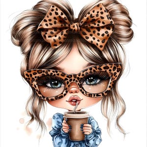 May include: A cartoon illustration of a girl with blonde hair in two buns wearing leopard print glasses and a leopard print bow. She is holding a brown paper cup with a straw and drinking from it.