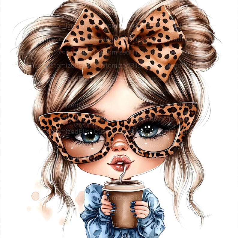 May include: A cartoon illustration of a girl with blonde hair in two buns wearing leopard print glasses and a leopard print bow. She is holding a brown paper cup with a straw and drinking from it.