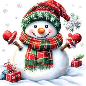 May include: A cheerful snowman wearing a red and green plaid scarf, a green and red knit hat, and red mittens. The snowman is holding two presents, one red and one green, and is surrounded by snowflakes.