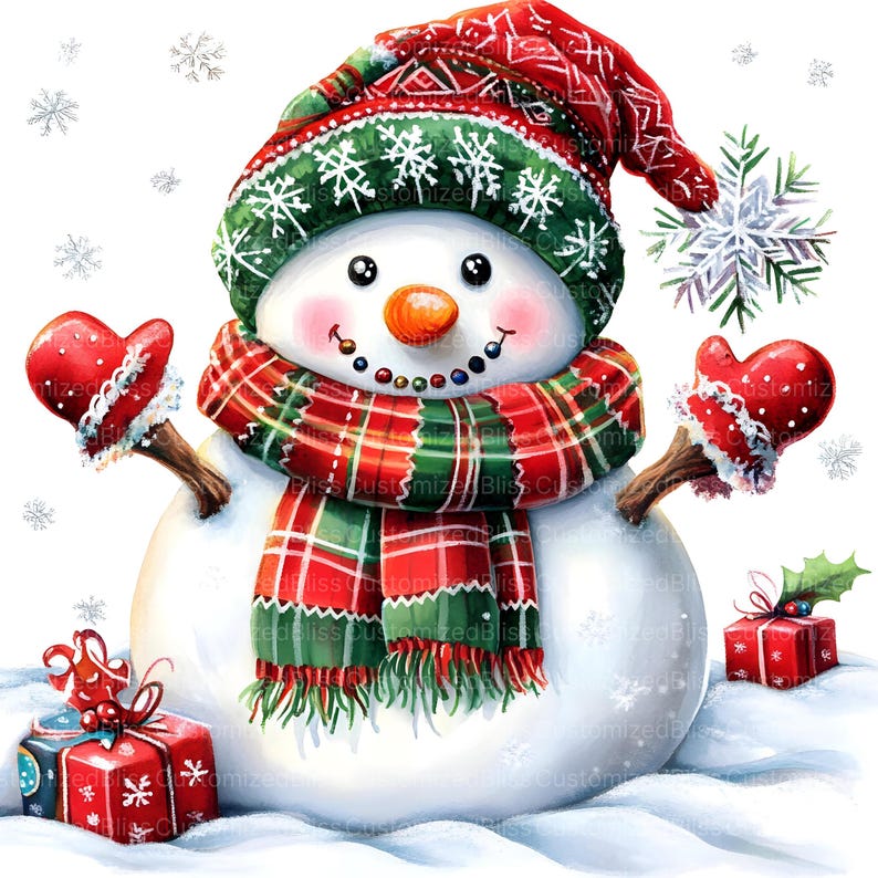 May include: A cheerful snowman wearing a red and green plaid scarf, a green and red knit hat, and red mittens. The snowman is holding two presents, one red and one green, and is surrounded by snowflakes.