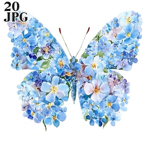 20 Clipart papillon ne m'oublie pas, Clipart floral, papillon aquarelle, clipart aquarelle, JPG de haute qualité en téléchargement numérique Junk Journal