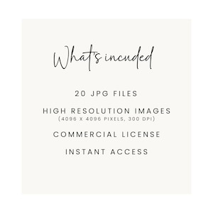 May include: Text graphic that reads "What's included" followed by a list of digital product features: 20 JPG files, high resolution images (4096 x 4096 pixels, 300 DPI), commercial license, and instant access.
