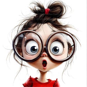 May include: A cartoon illustration of a person with large, round glasses and wide eyes, showing surprise. The person has dark hair tied up with a red scrunchie and is wearing a red top. The mouth is open in an expression of shock.