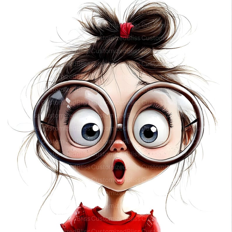 May include: A cartoon illustration of a person with large, round glasses and wide eyes, showing surprise. The person has dark hair tied up with a red scrunchie and is wearing a red top. The mouth is open in an expression of shock.