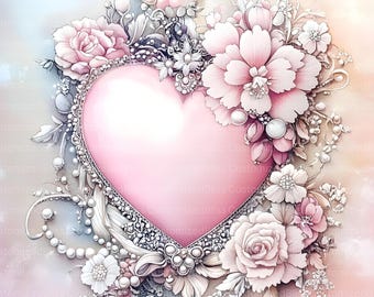 Pacote de clipart de coração rosa Boho Fancy, 21 JPGs de aquarela de alta resolução para diário de lixo, álbum de recortes, artesanato, download digital, dia dos namorados