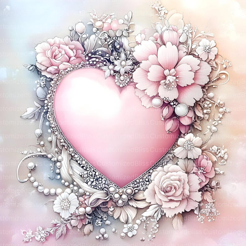 May include: A pink heart surrounded by delicate white and pink flowers, pearls, and silver embellishments. The heart is surrounded by a silver beaded border.