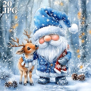 Wichtel und Rentier Clipart, 20 hochauflösende JPG Aquarell Bilder für Junk Journal, Scrapbook, Weihnachtskarten, Digital Download Fantasy wunderlich