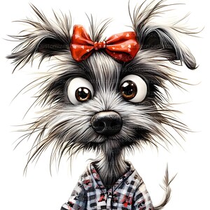 Pu&ograve; includere: Un'illustrazione di un cartone animato di un cane bianco e nero con un fiocco rosso, che indossa una camicia a quadri. Il cane ha grandi occhi marroni e un'espressione giocosa.