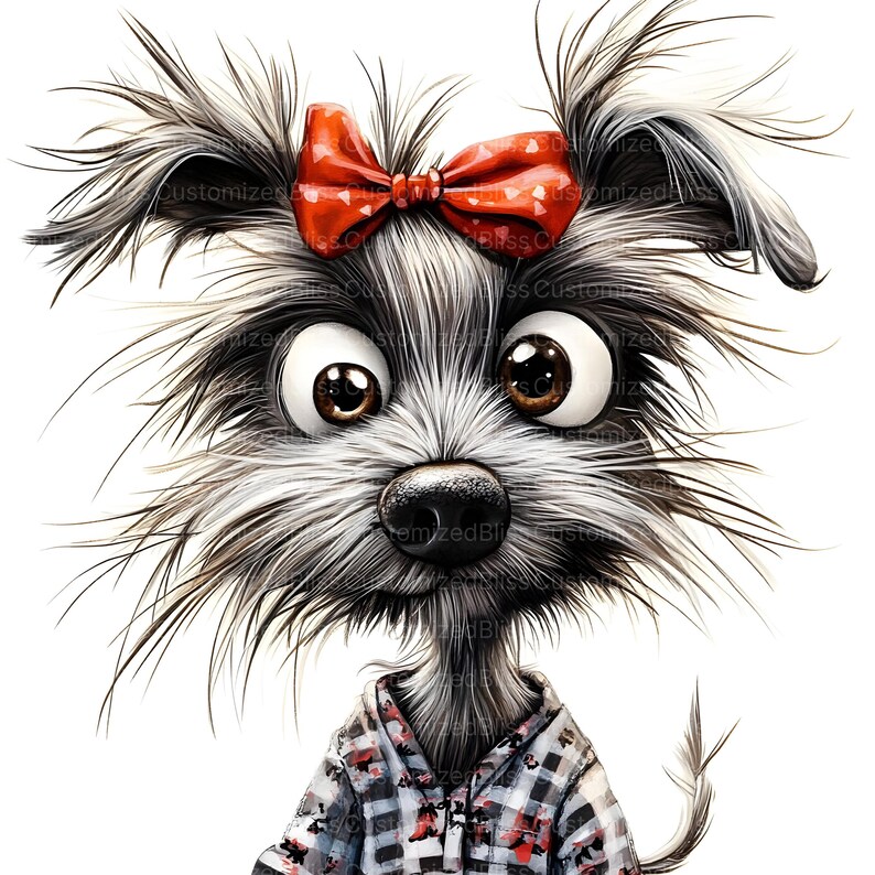 Pu&ograve; includere: Un'illustrazione di un cartone animato di un cane bianco e nero con un fiocco rosso, che indossa una camicia a quadri. Il cane ha grandi occhi marroni e un'espressione giocosa.