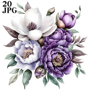 20 clipart de arranjos de flores roxas, flor violeta, JPGs de alta qualidade, clipart de aquarela, diário de lixo, download digital, artesanato em papel