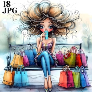 18 Quirky Girl Shopper Clipart, Quirky Girl Clipart, Woman Shopping Clipart, Woman with Shopping Bags, Junk Journal, Digital Download, JPG