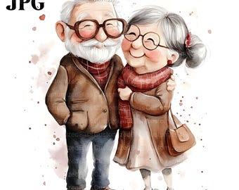 May include: A watercolor illustration of an older couple, a man and a woman, embracing. The man is wearing a brown jacket, blue jeans, and glasses. The woman is wearing a brown jacket, a red and white plaid scarf, a brown skirt, and glasses. They are both smiling.
