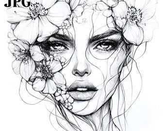 20 Floral Female Face Clipart, Line Art Clipart, High Quality JPG, Watercolor Clipart, Junk Journal, Digital Download, Paper Craft, Clip Art